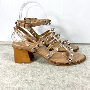 Sincerely Jules Venus Tan Silver Studded Block Heel Strappy Sandals‎ Womens 6